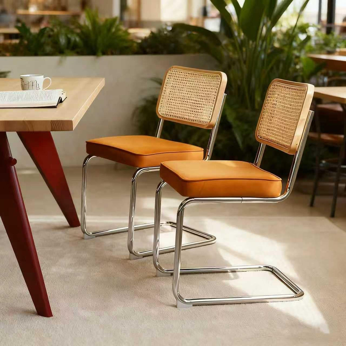 Orange Velvet Rattan Dining Chairs