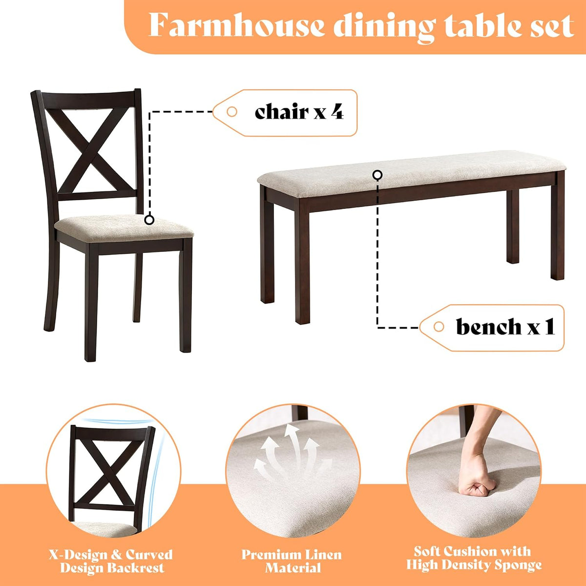 Brown 6-Piece Farmhouse Dining Set