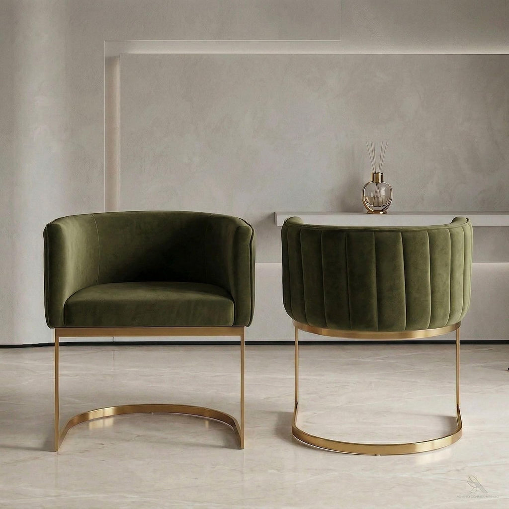 Olive Velvet Gold Barrel Dining Chairs