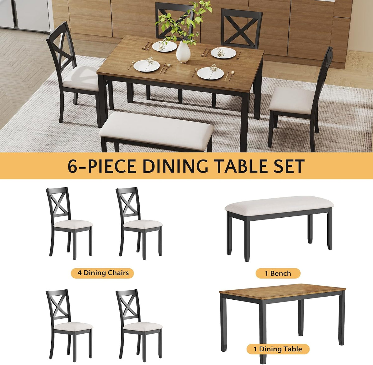 Black 6-Piece Farmhouse Dining Set