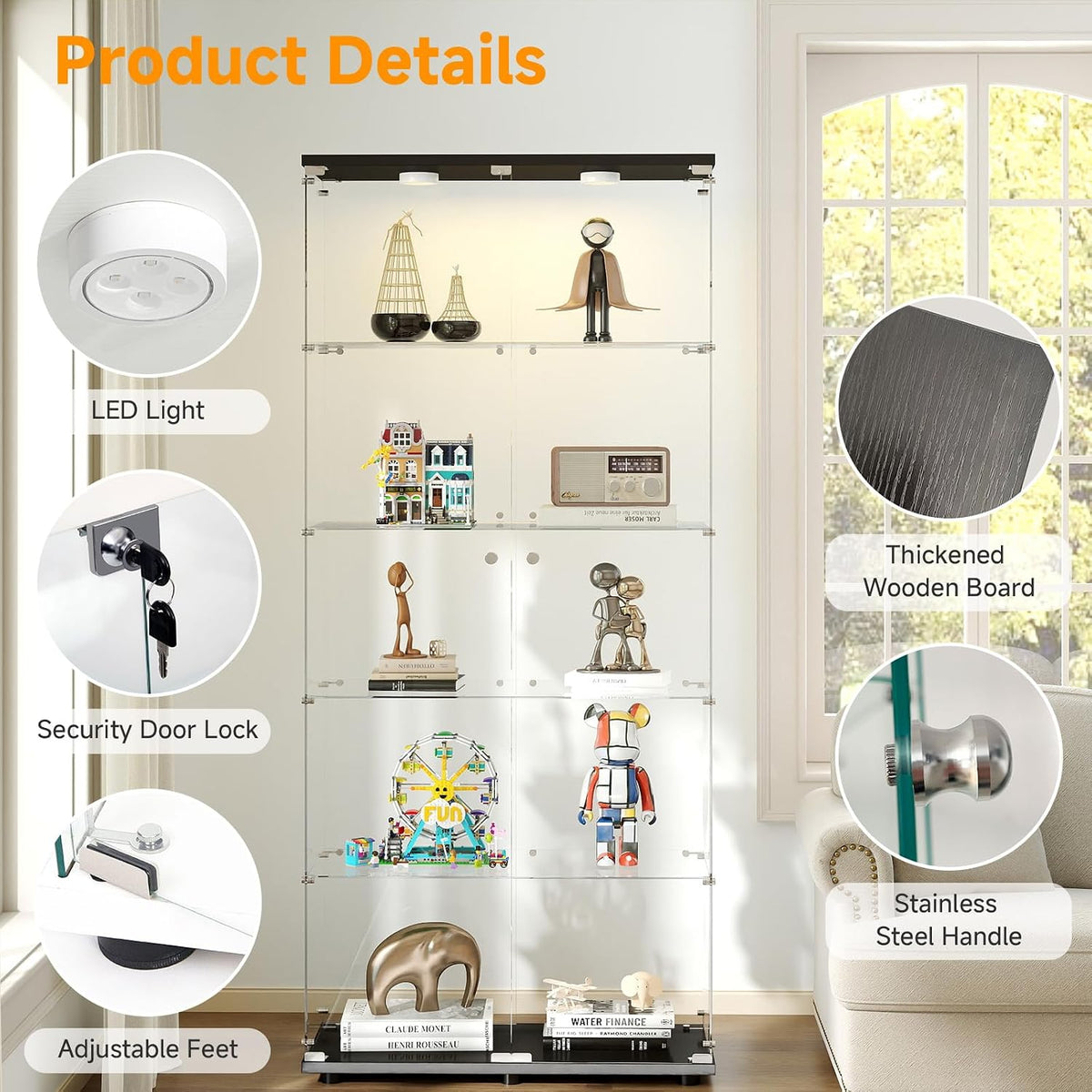 Black Locked LED Glass Curio Cabinet