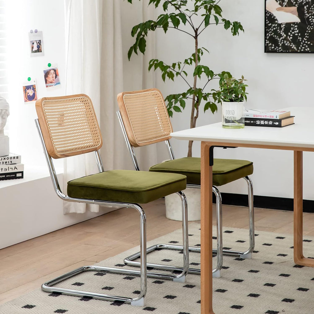 Olive Velvet Rattan Dining Side Chairs