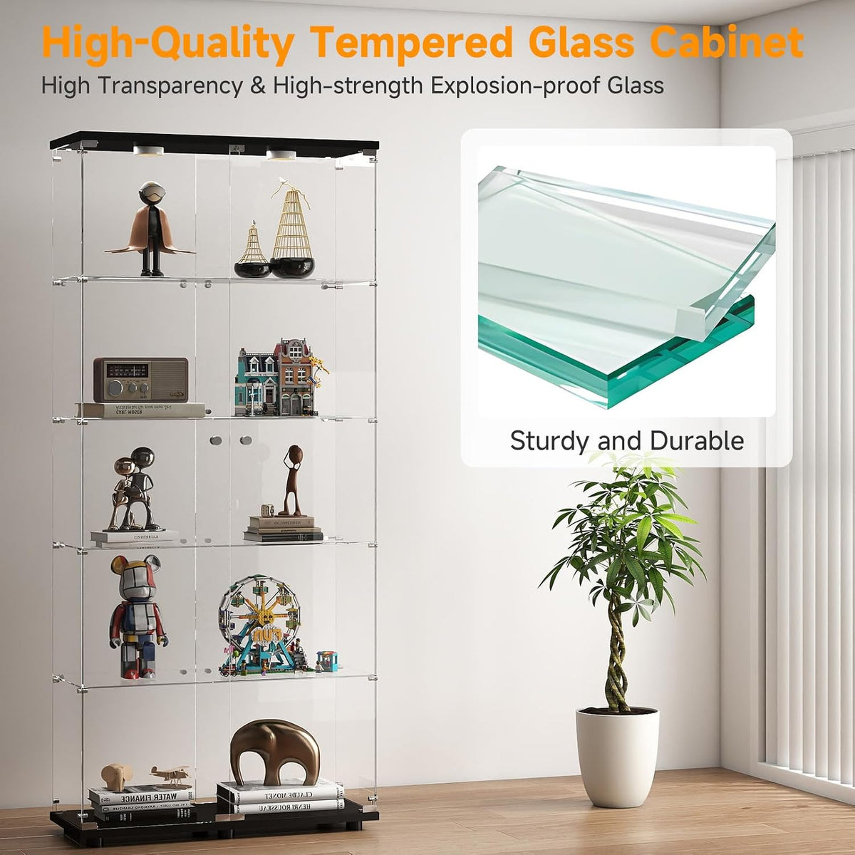 Black Locked LED Glass Curio Cabinet