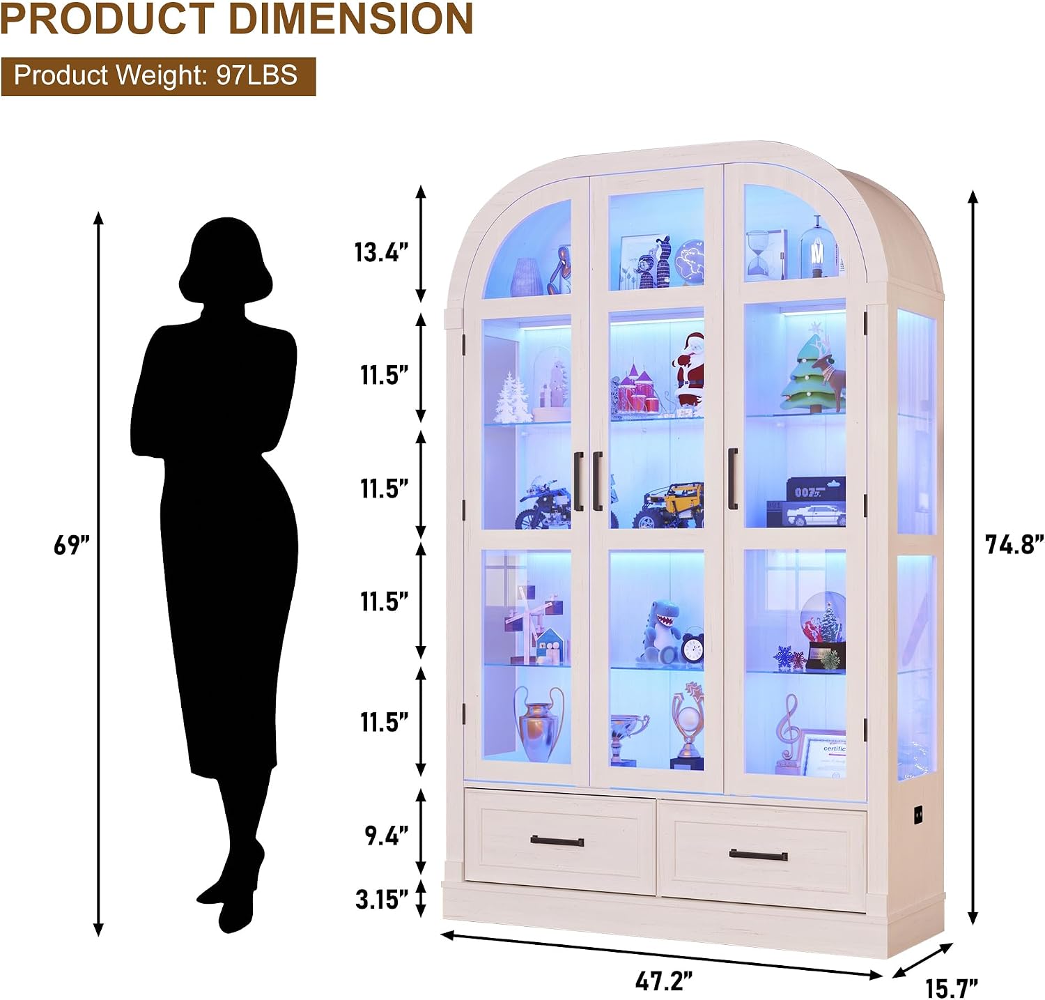 Off-White Arched LED Display Curio Cabinet