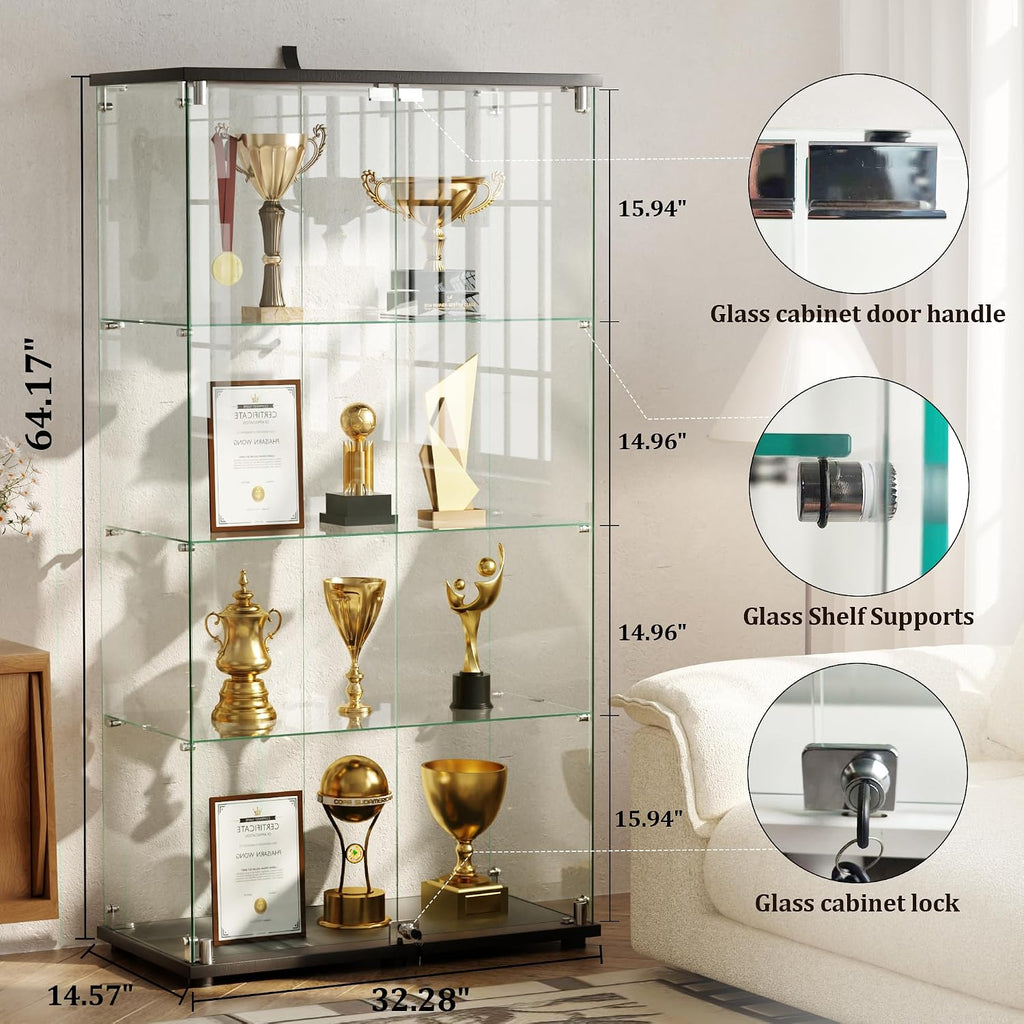 Black Lockable 4-Tier Glass Curio Cabinet