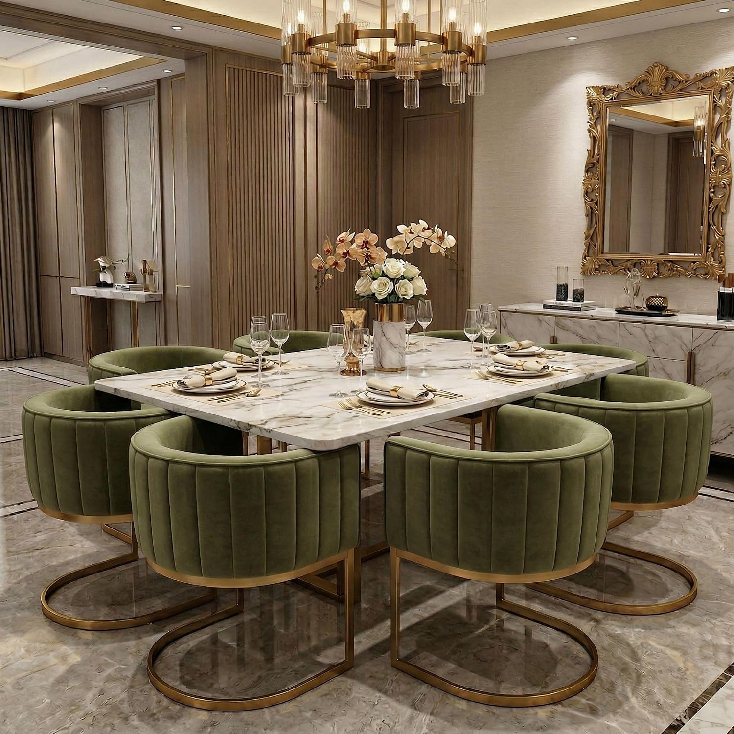 Olive Velvet Gold Barrel Dining Chairs