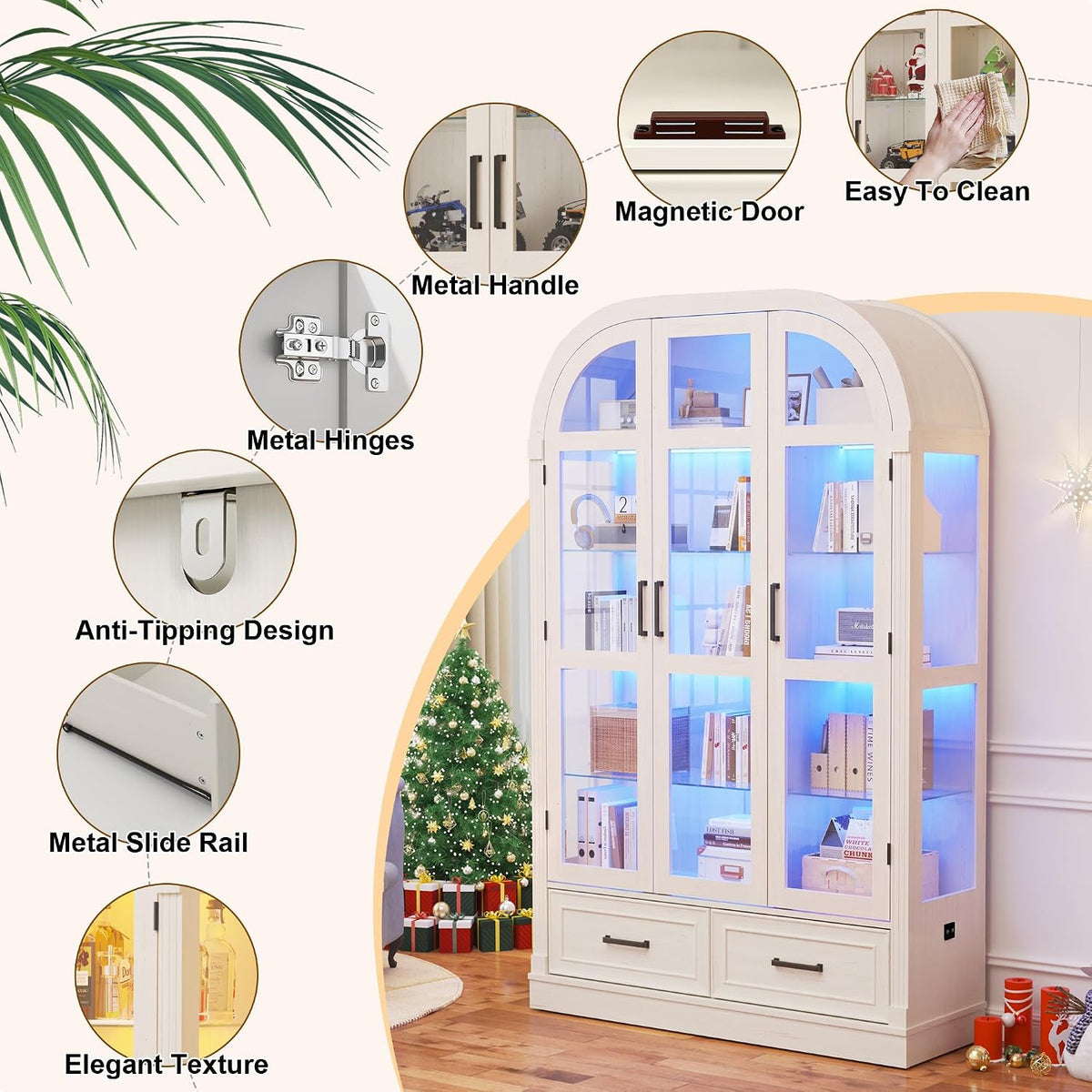 Off-White Arched LED Display Curio Cabinet