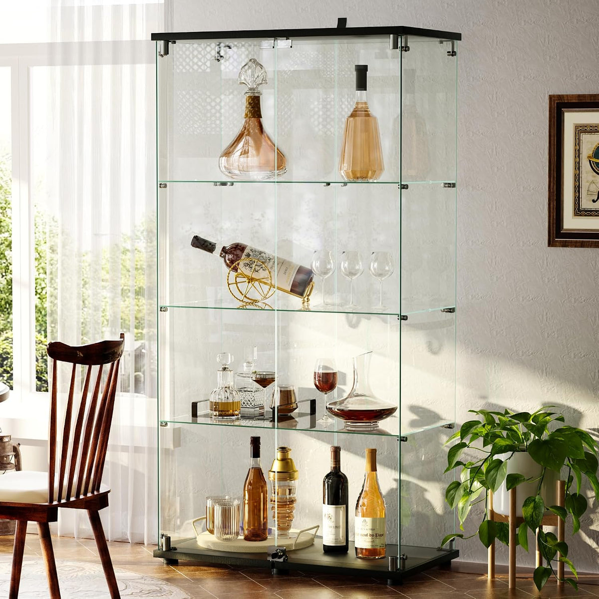 Black Lockable 4-Tier Glass Curio Cabinet