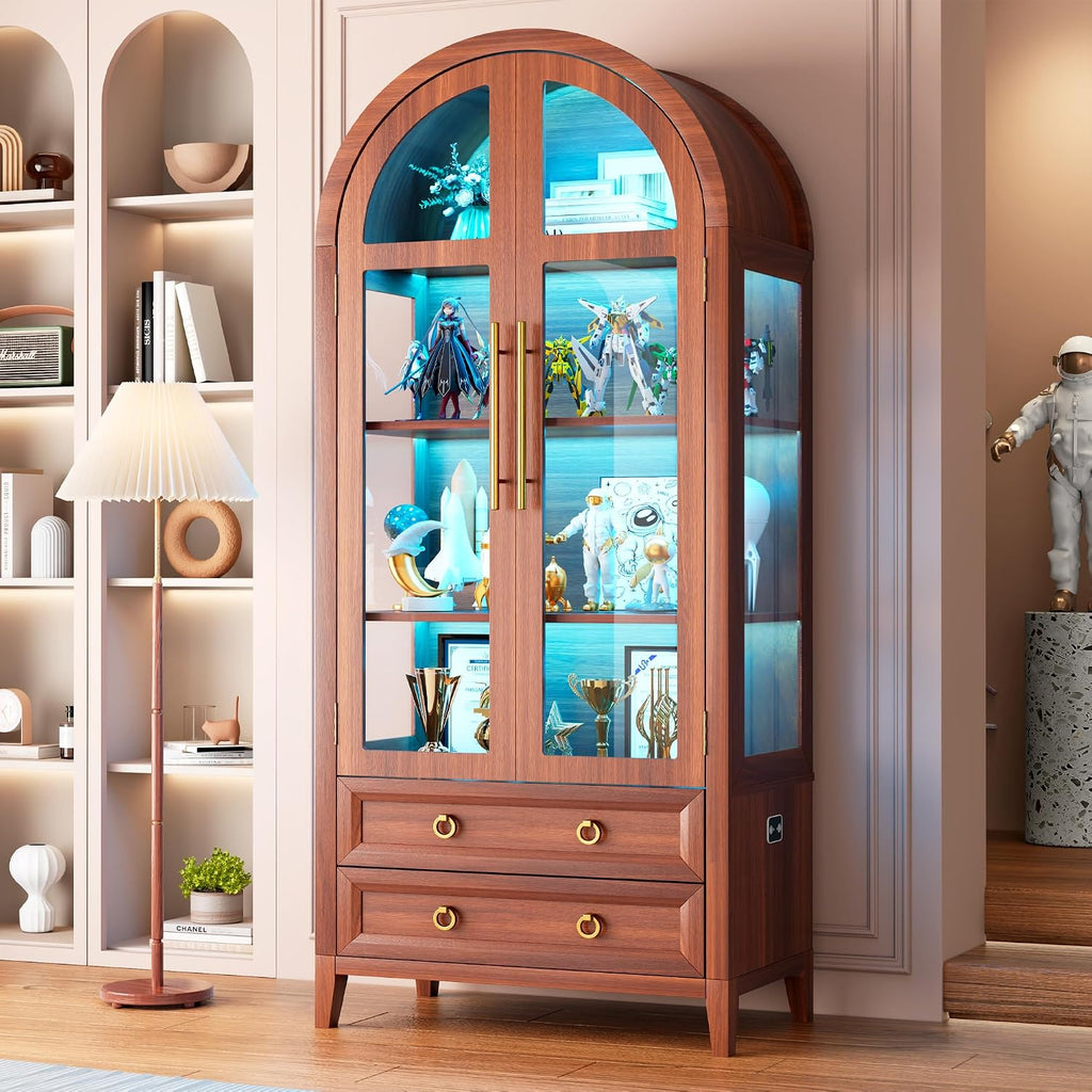 Brown Arched LED Glass Curio Cabinet