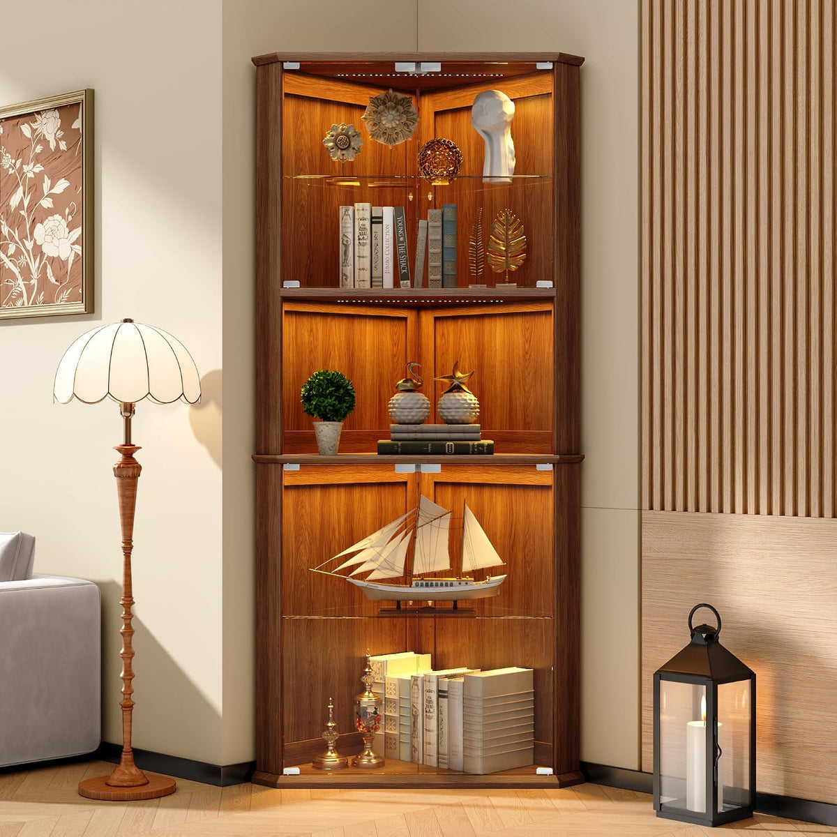 RGB Lighted Corner Glass Curio Cabinet