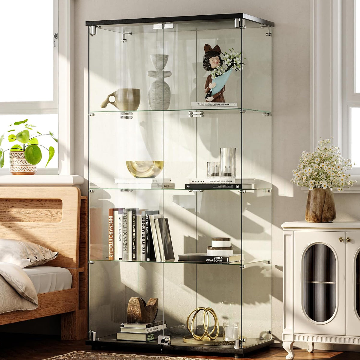 Black Lockable 4-Tier Glass Curio Cabinet