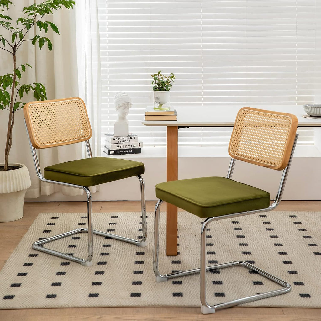 Olive Velvet Rattan Dining Side Chairs