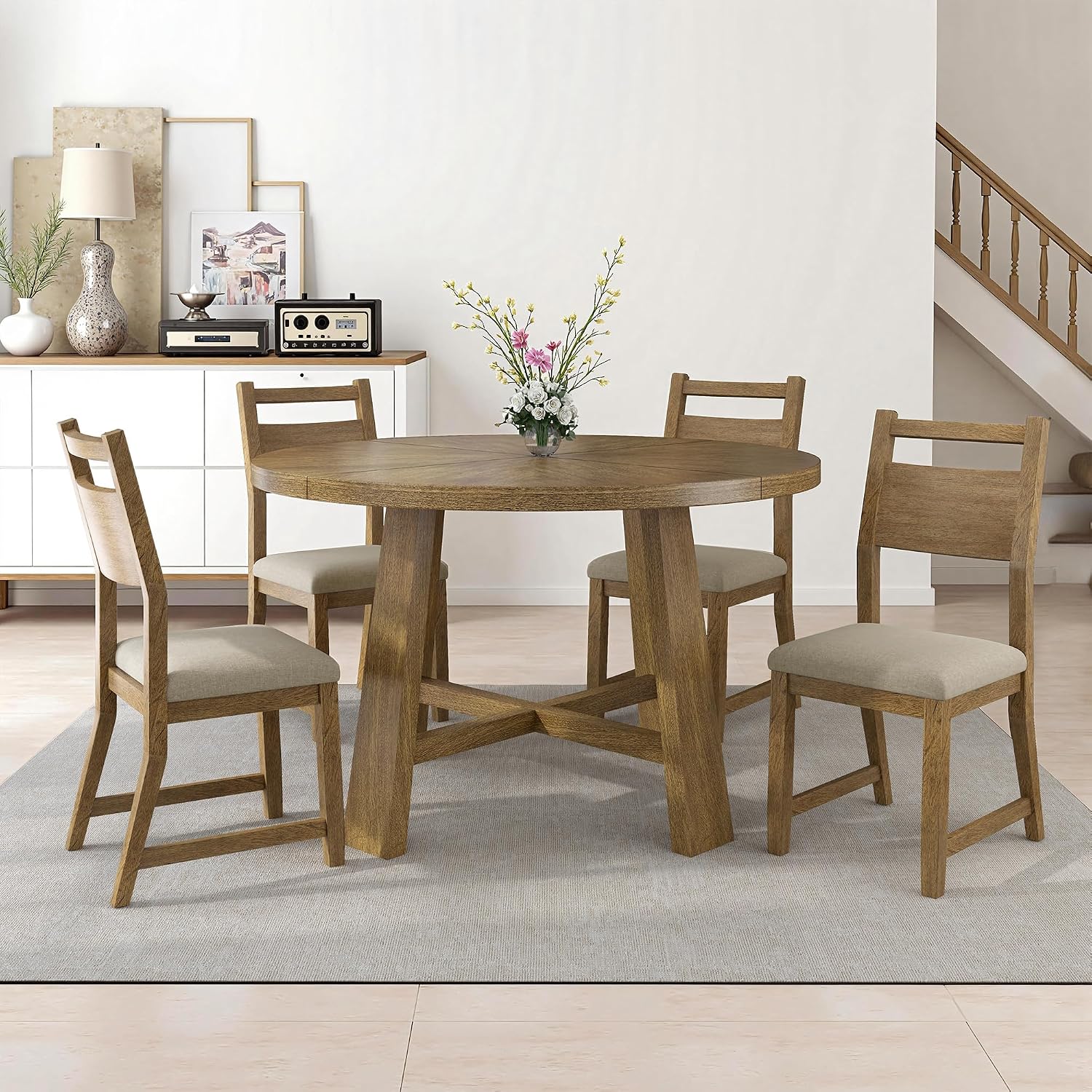 Wood Round Four-Person Dining Set
