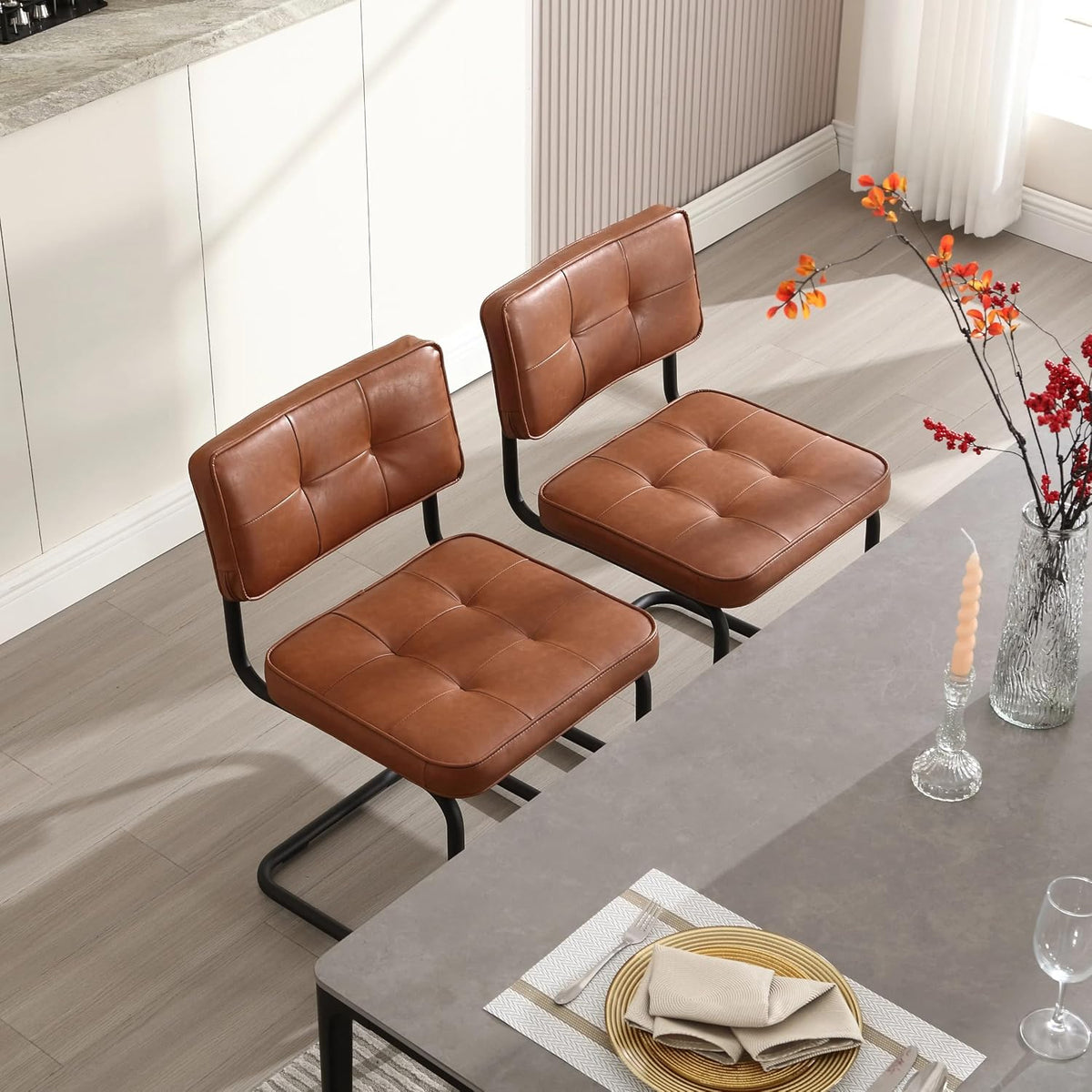 Brown Leather Metal Dining Chairs