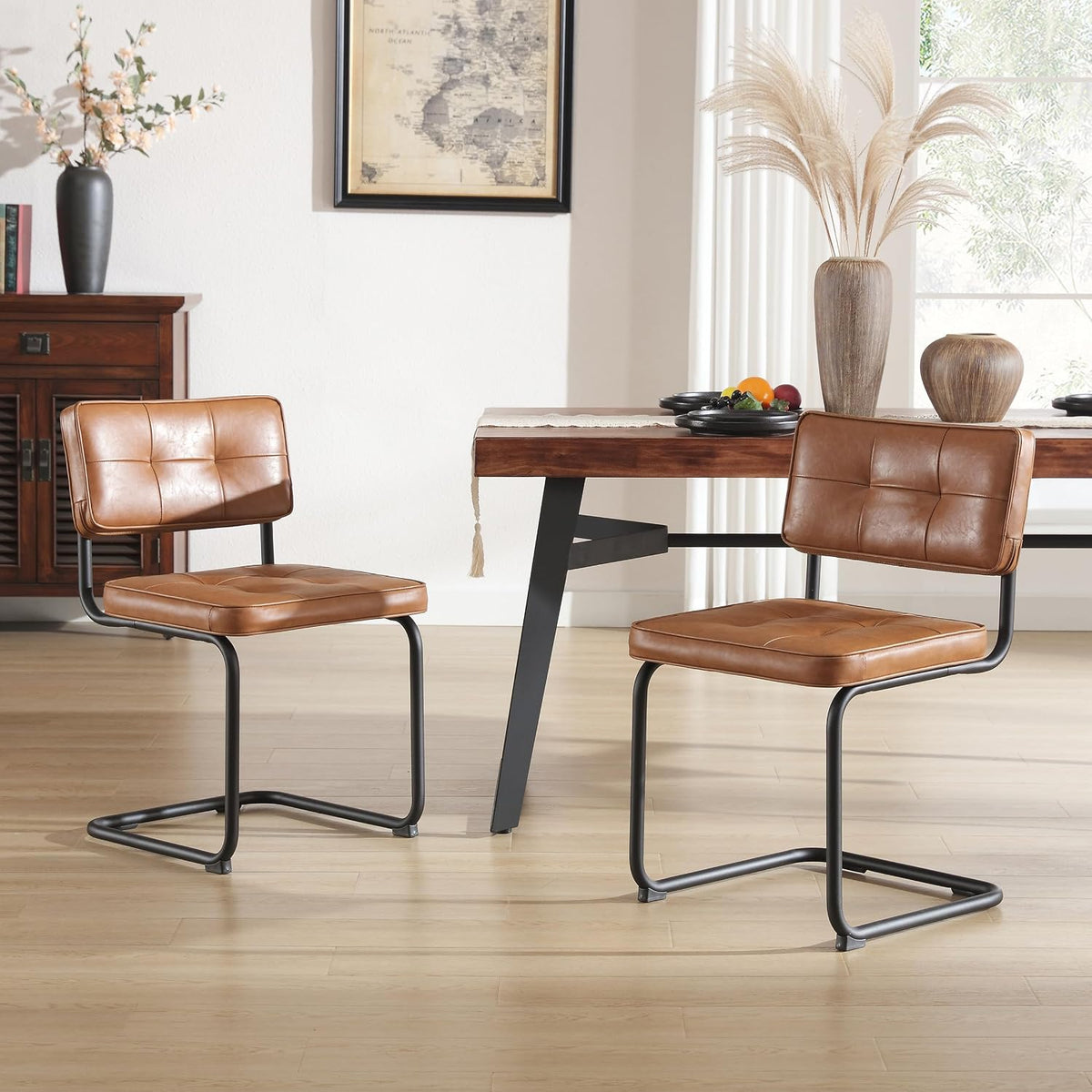 Brown Leather Metal Dining Chairs