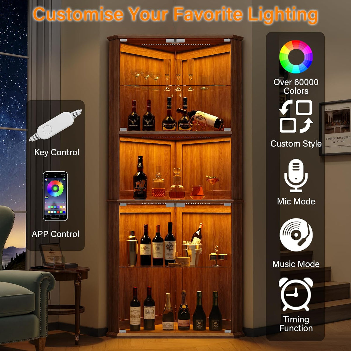 RGB Lighted Corner Glass Curio Cabinet