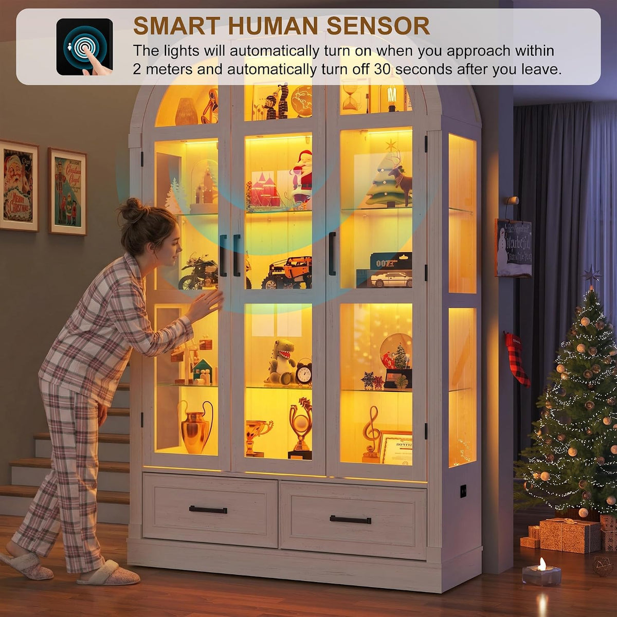 Off-White Arched LED Display Curio Cabinet