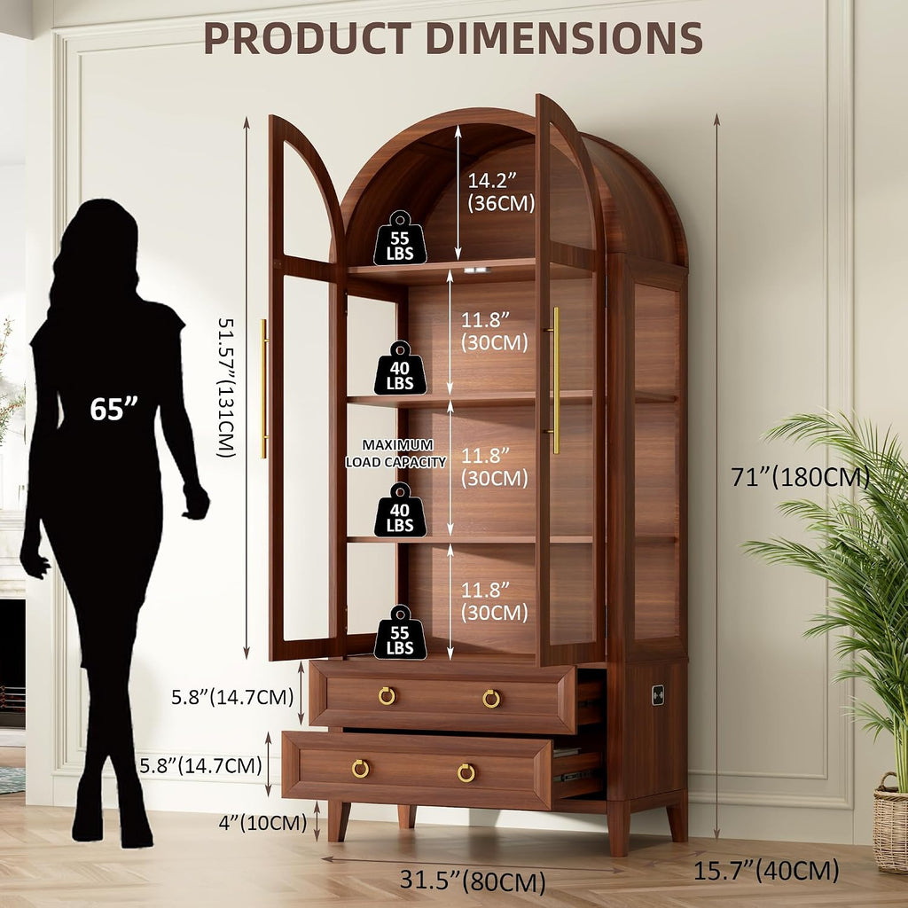 Brown Arched LED Glass Curio Cabinet