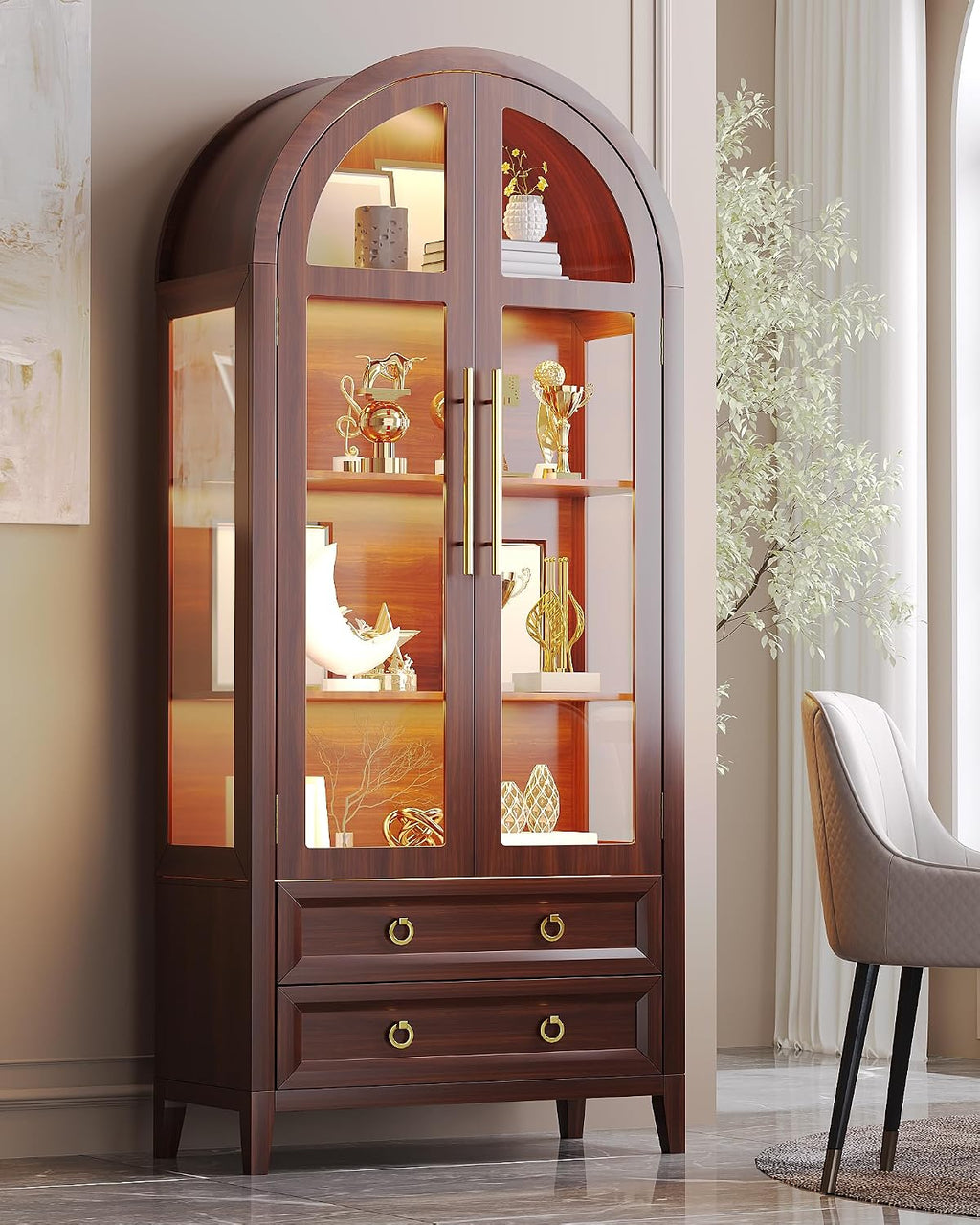 Brown Arched LED Glass Curio Cabinet